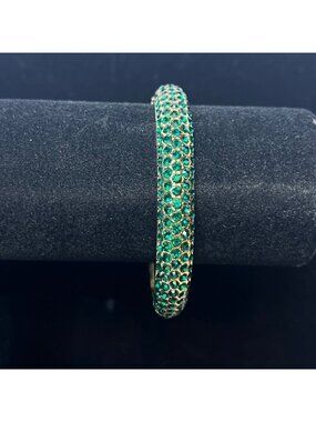Gold Tone And Green Rhinestone Hinged Bangle Bracelet (6560)